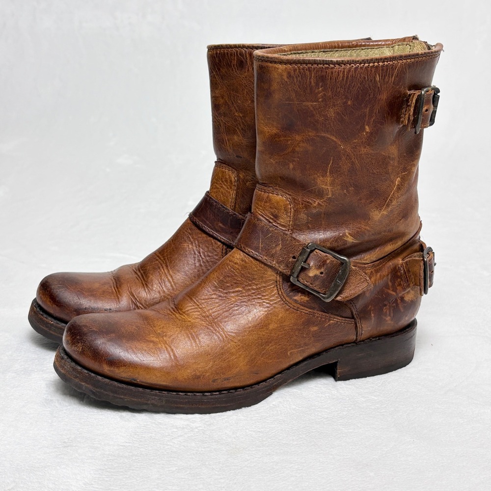 Frye Veronica Distressed Brown Leather Moto Biker Engineer Ankle Boots Indie 7.5